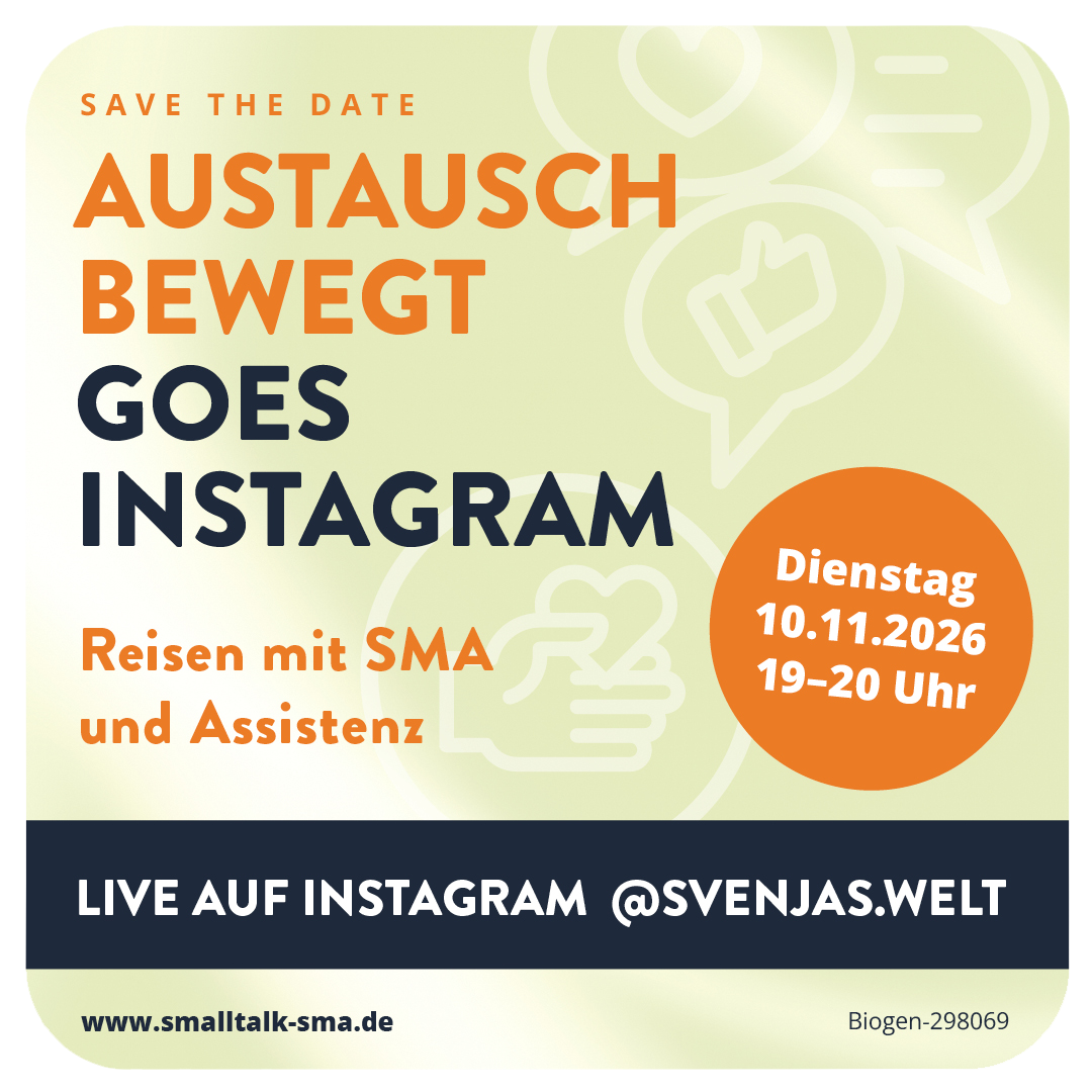 Banner für Austausch bewegt goes Instagram, Reisen mit SMA & Assistenz Dienstag 10. November 2026, 19–20 Uhr, live auf Instagram @svenjas.welt