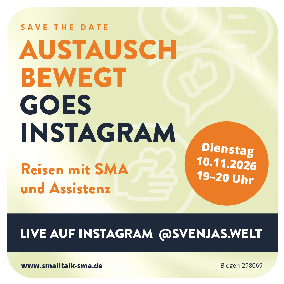Banner für Austausch bewegt goes Instagram, Reisen mit SMA & Assistenz Dienstag 10. November 2026, 19–20 Uhr, live auf Instagram @svenjas.welt