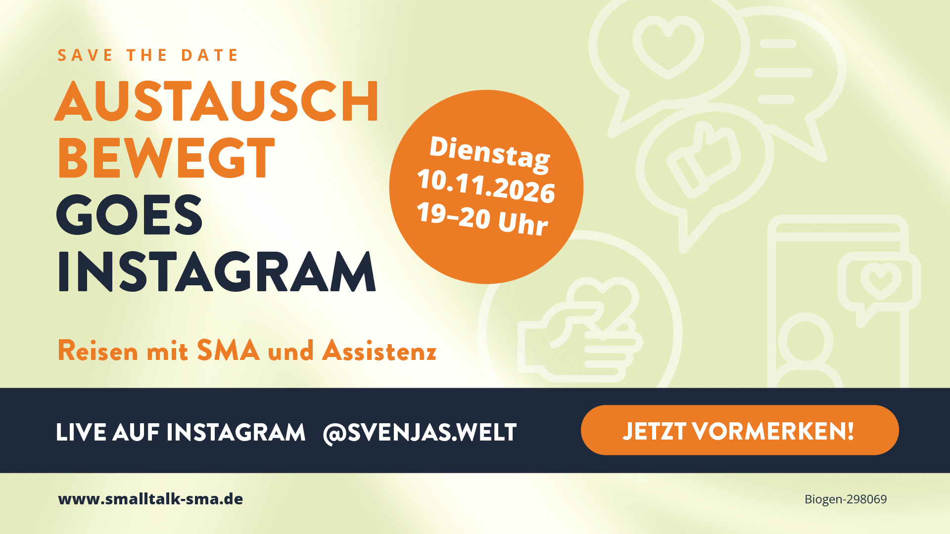 Banner für Austausch bewegt goes Instagram, Reisen mit SMA & Assistenz Dienstag 10. November 2026, 19–20 Uhr, live auf Instagram @svenjas.welt