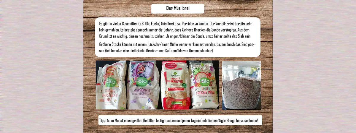 Collage aus Text zum Müslibrei und Fotos verschiedener Müslisorten (Früchtefrühstücksbrei, Hirsebrei Feige-Heidelbeere, Früchte Porridge und Kinder Früchte Müsli) sowie Aufbewahrungsdose mit trockenem Müsli