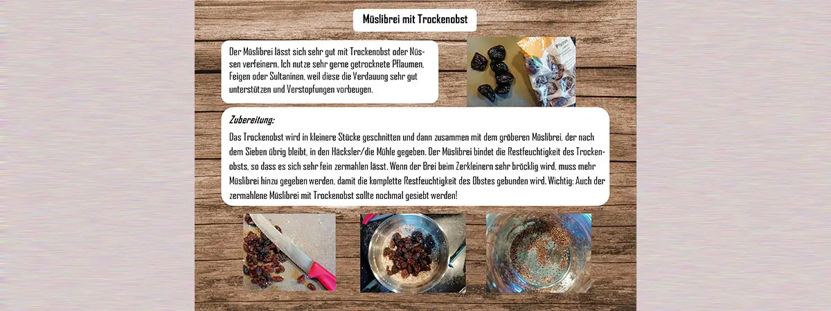 Müslibrei mit Trockenobst: Collage aus Zubereitungstext und Bildern von Trockenpflaumen sowie Brei in der Zubereitung.