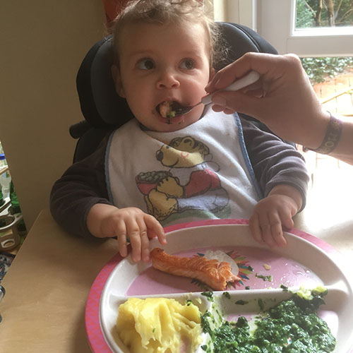 Kleinkind mit Lätzchen wird gefüttert und hat einen rosa Kinderteller mit Kartoffelpüree, Spinat und Lachs vor sich stehen.