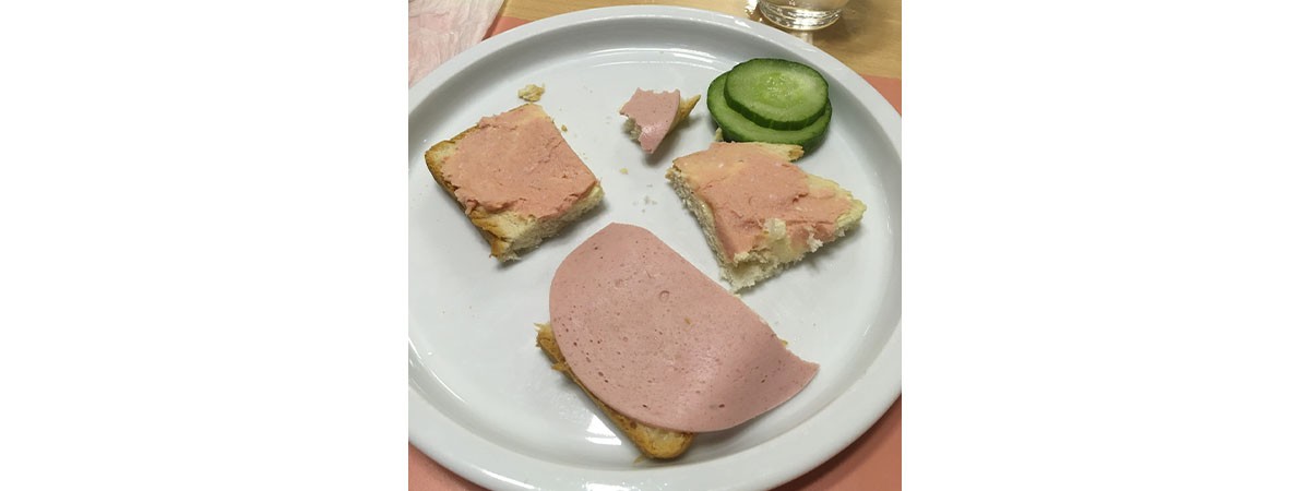 Auf einem Teller liegen Gurkenscheiben sowie große und kleine Stücke Brot, die belegt sind mit Fleischwurst und einer Streichwurst.