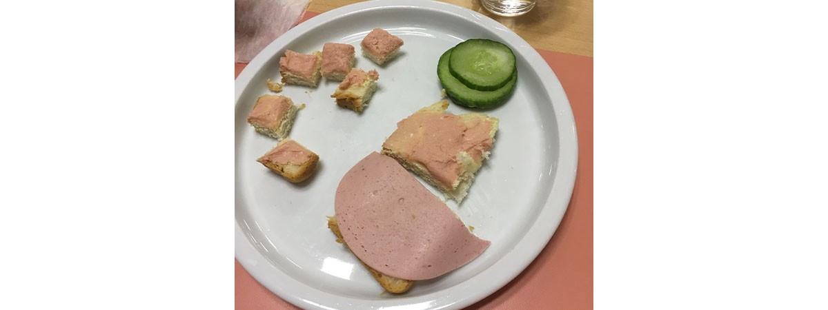 Auf einem Teller liegen Gurkenscheiben sowie große und kleine Stücke Brot, die belegt sind mit Fleischwurst und einer Streichwurst.