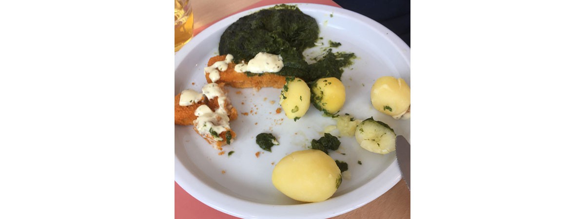 Auf einem Teller liegen Kartoffeln, Fischstäbchen mit Sauce sowie Spinat.