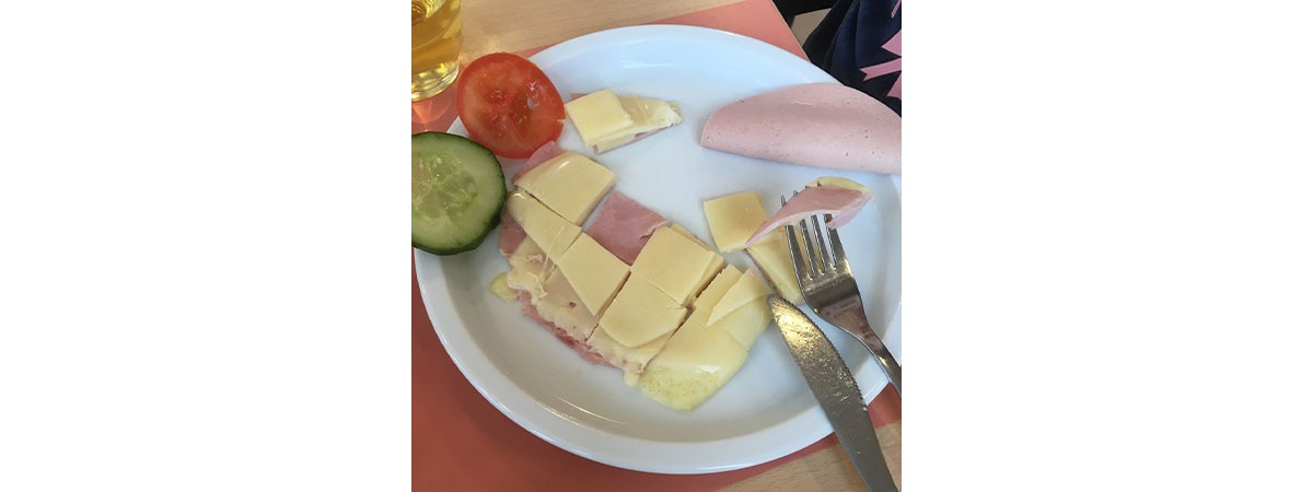 In kleine Häppchen geschnittene Wurst- und Käse-Scheiben, eine Tomaten- und eine Gurkenscheibe sowie Besteck liegen auf einem Teller.