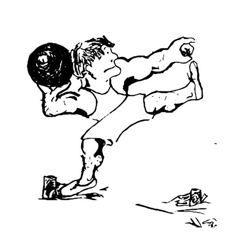 Eine Zeichnung eines sportlichen Mannes beim Kugelstoßen.