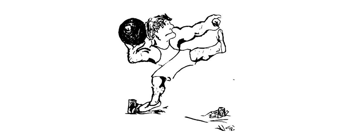 Eine Zeichnung eines sportlichen Mannes beim Kugelstoßen.