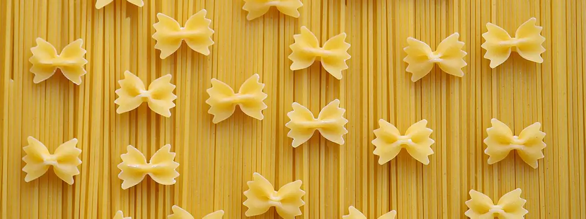 Ungekochte Nudeln sind zu sehen: Auf Spaghetti-Nudeln wurde dekorativ Farfalle, Nudeln in Schmetterlingsform, drapiert.