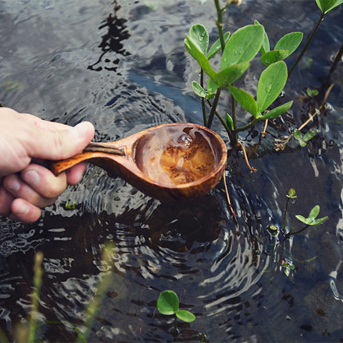 Eine Hand schöpft Wasser mit einem Löffel.