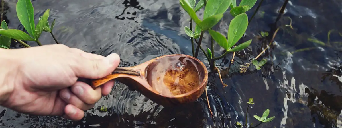 Eine Hand schöpft Wasser mit einem Löffel.