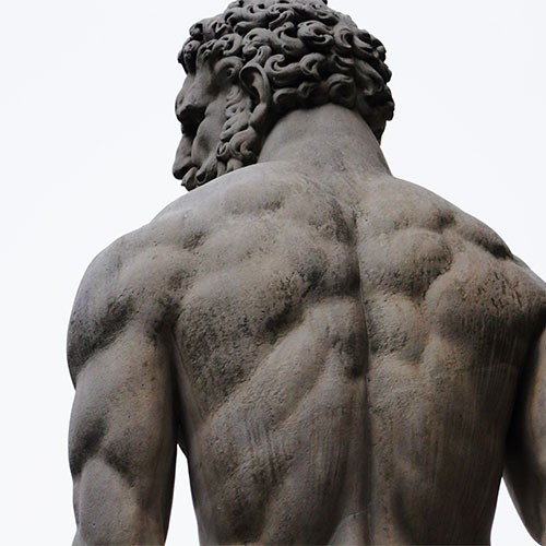 Der muskulöse Rücken einer Statue von Herkules.