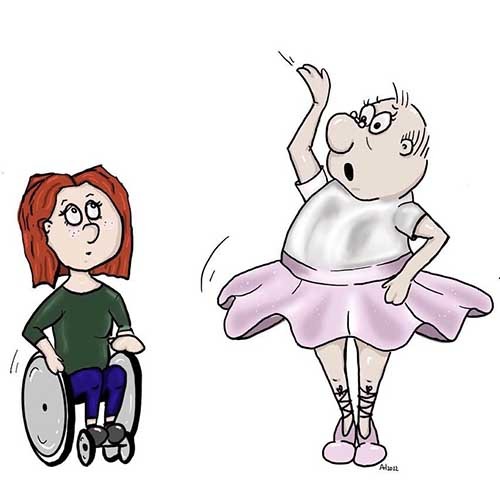 Comiczeichnung einer SMA-Patientin, die im Rollstuhl sitzt und von einer männlichen Primaballerina staunend angestarrt wird. 