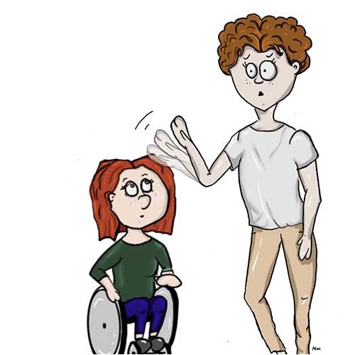Comiczeichnung einer SMA-Patientin, die im Rollstuhl sitzt und von einer Person angestarrt und betätschelt wird. 
