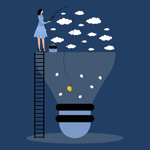 Grafik einer Frau im Kleid, die in den Wolken auf einer Leiter steht. Sie angelt in einer Glühbirne und fischt dort eine kleine Glühbirne heraus. Die Farbe Blau dominiert.