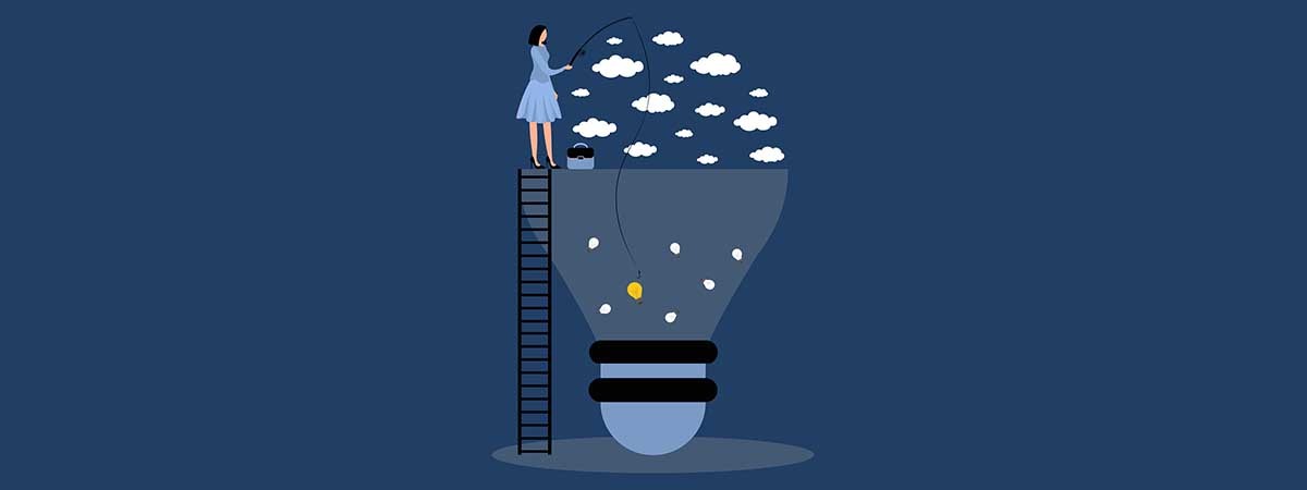Grafik einer Frau im Kleid, die in den Wolken auf einer Leiter steht. Sie angelt in einer Glühbirne und fischt dort eine kleine Glühbirne heraus. Die Farbe Blau dominiert.