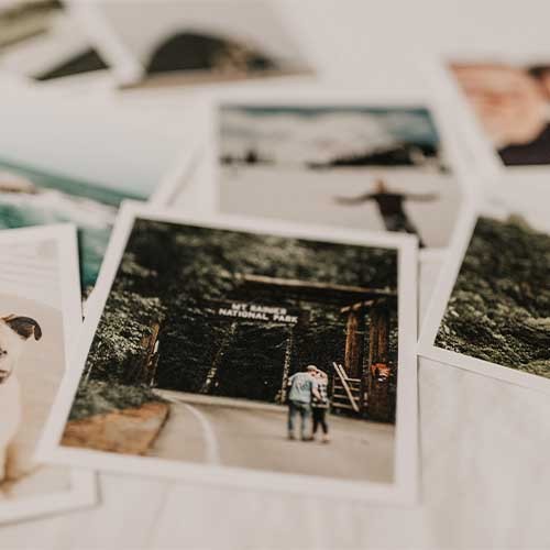 Polaroid-Bilder verschiedener Erinnerungen mit Menschen, Reisen und Tieren.