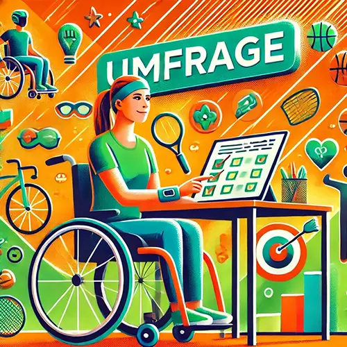 Das Bild zeigt eine Frau im Rollstuhl, die eine Umfrage an einem Tablet ausfüllt. Im Hintergrund sind Symbole verschiedener Sportarten und Hobbys abgebildet.  