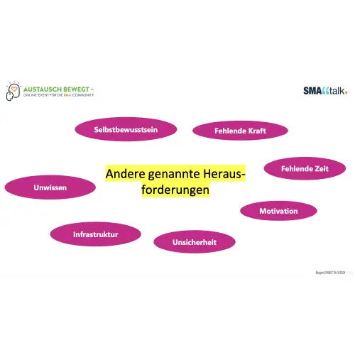 Eine Mindmap mit der zentralen Frage „Andere genannte Herausforderungen“ in der Mitte. Rundherum sind verschiedene Antworten in pinken Ovalen angeordnet, darunter Selbstbewusstsein, Fehlende Kraft, Fehlende Zeit, Motivation, Unsicherheit, Infrastruktur, Unwissen.  