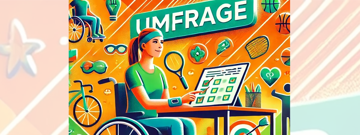Das Bild zeigt eine Frau im Rollstuhl, die eine Umfrage an einem Tablet ausfüllt. Im Hintergrund sind Symbole verschiedener Sportarten und Hobbys abgebildet.  