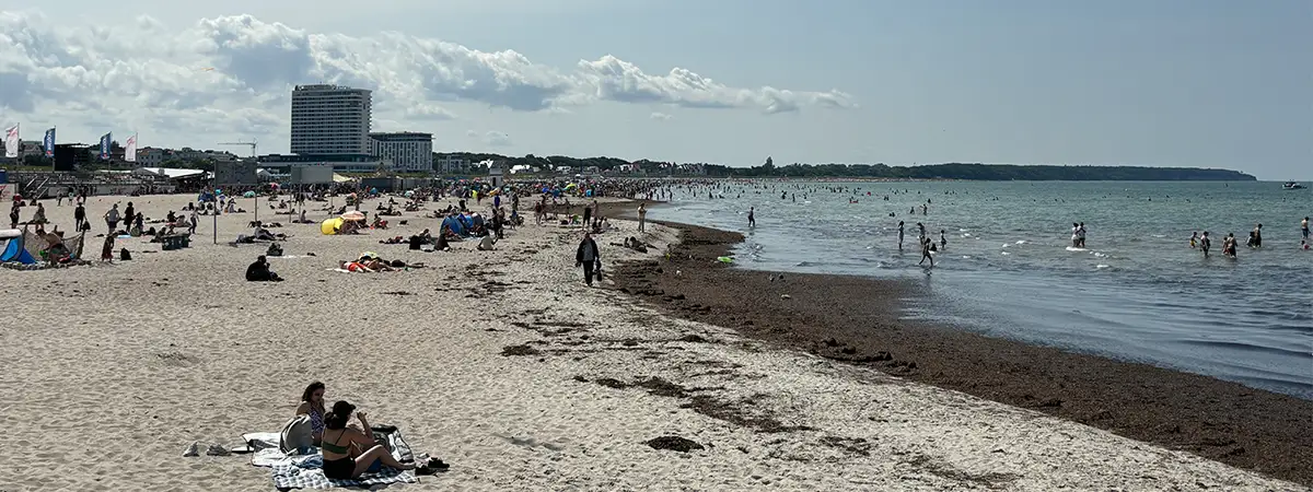 Ein Foto vom Strand in Warnemünde: Einige Menschen sonnen sich im Sand, während andere im Meer schwimmen.