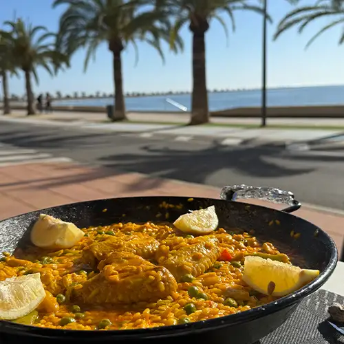 Ein Foto einer Paella in einer gusseisernen Pfanne, im Hintergrund eine Promenade mit Palmen und Blick auf das Meer.