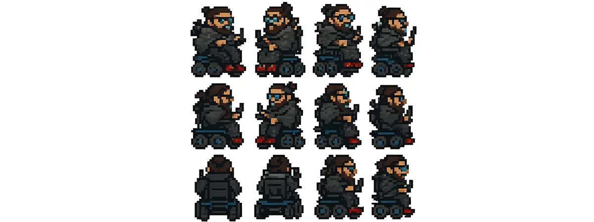 Christian als Computerfigur und grob verpixelt in 12 verschiedenen Perspektiven 360 Grad.