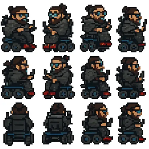 Christian als Computerfigur und grob verpixelt in 12 verschiedenen Perspektiven 360 Grad.