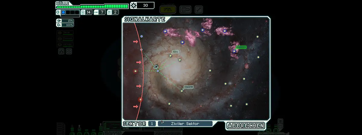 FTL-Sektorkarte mit Sprungpunkten, Routen und vorrückender Rebellenfront im All.