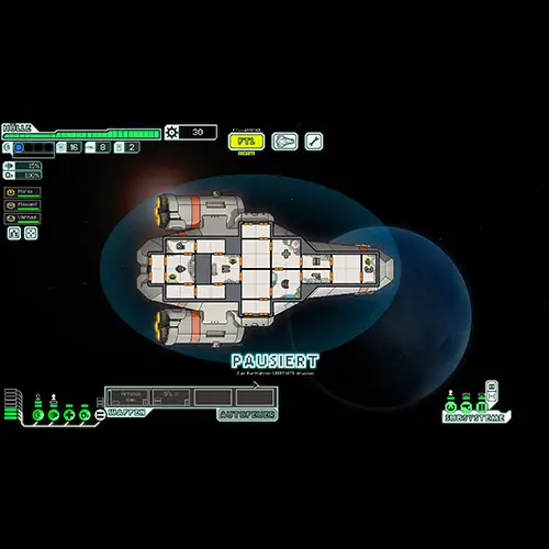 Spiel FTL: Ein Raumschiff im All, Draufsicht auf Innenräume mit Crewmitgliedern und Statusanzeigen.