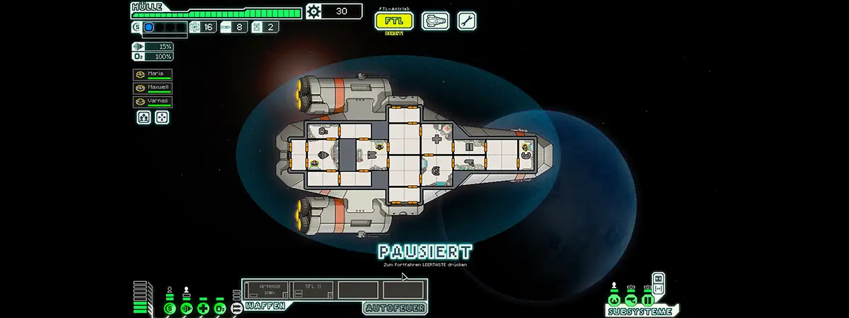 Spiel FTL: Ein Raumschiff im All, Draufsicht auf Innenräume mit Crewmitgliedern und Statusanzeigen.