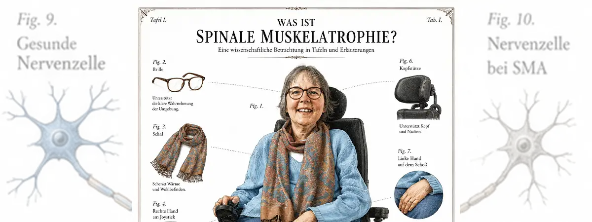 Schaubild von Camilla, Spinale Muskelatrophie mit Alltagshilfen und Symptomen.