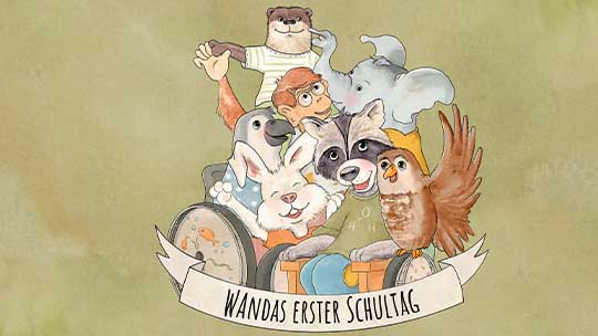 Illustration von verschiedenen, lachenden, glücklichen Tieren vor einem grünen Hintergrund. Am unteren Rand ist ein Banner mit dem Text „Wandas erster Schultag“ zu sehen.