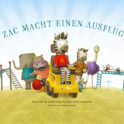 Eine Zeichnung von Zebra Zac, im elektrischen Rollstuhl auf dem Spielplatz, umgeben von seinen tierischen Freunden. Alle lächeln. Die Zeichnung trägt die Überschrift Zac macht einen Ausflug. Unten steht in kleinerer Schrift: Erstellt für die spinale Muskelatrophie (SMA) Community, Illustriert von Charles Santoso.