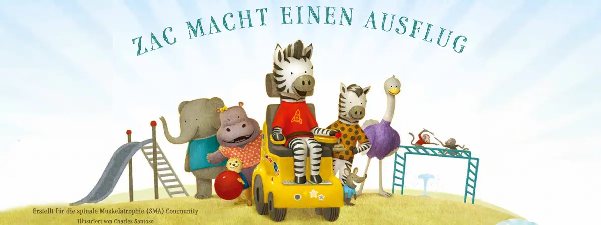 Eine Zeichnung von Zebra Zac, im elektrischen Rollstuhl auf dem Spielplatz, umgeben von seinen tierischen Freunden. Alle lächeln. Die Zeichnung trägt die Überschrift Zac macht einen Ausflug. Unten steht in kleinerer Schrift: Erstellt für die spinale Muskelatrophie (SMA) Community, Illustriert von Charles Santoso.