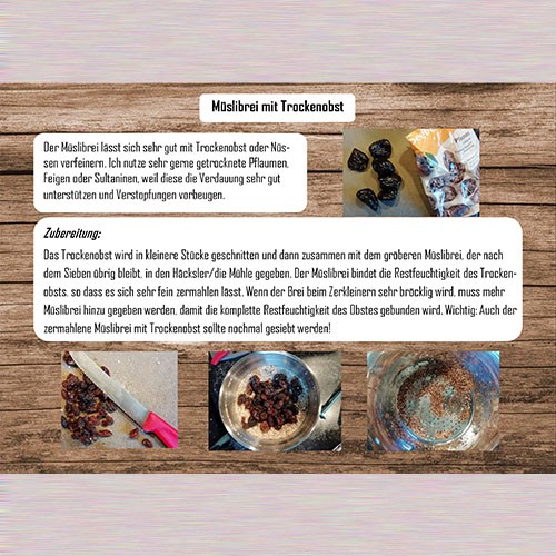 Müslibrei mit Trockenobst: Collage aus Zubereitungstext und Bildern von Trockenpflaumen sowie Brei in der Zubereitung.