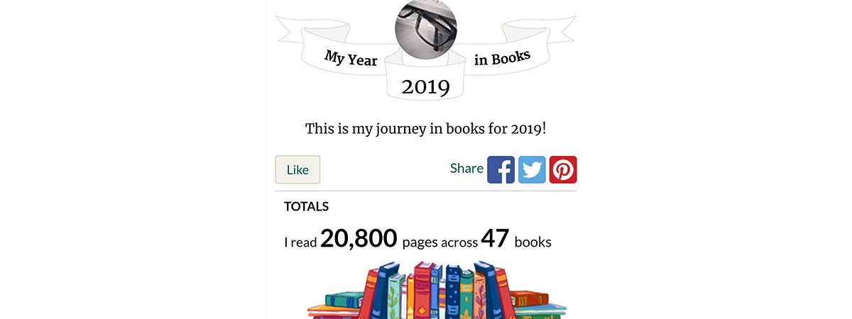 Weißer Hintergrund mit Schrift: Überschrift "My Year 2019" in Books, darunter Anzahl gelesener Seiten und Bücher sowie Abbildung bunter Bücherrücken.
