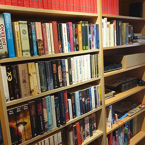 Holzregale sind befüllt mit einer privaten Bücher-Sammlung.