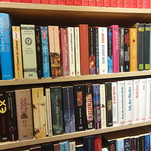 Ausschnitt einer Bücherregals mit verschiedenen bunten Bücherrücken.