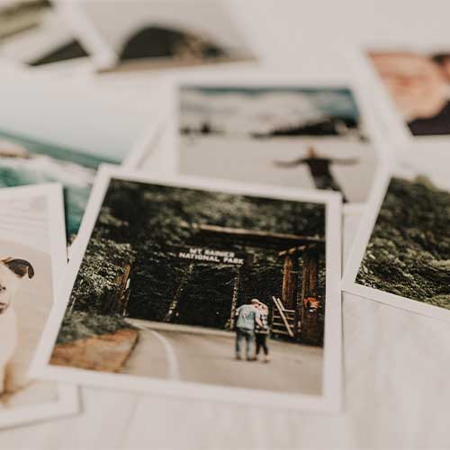 Polaroid-Bilder verschiedener Erinnerungen mit Menschen, Reisen und Tieren.